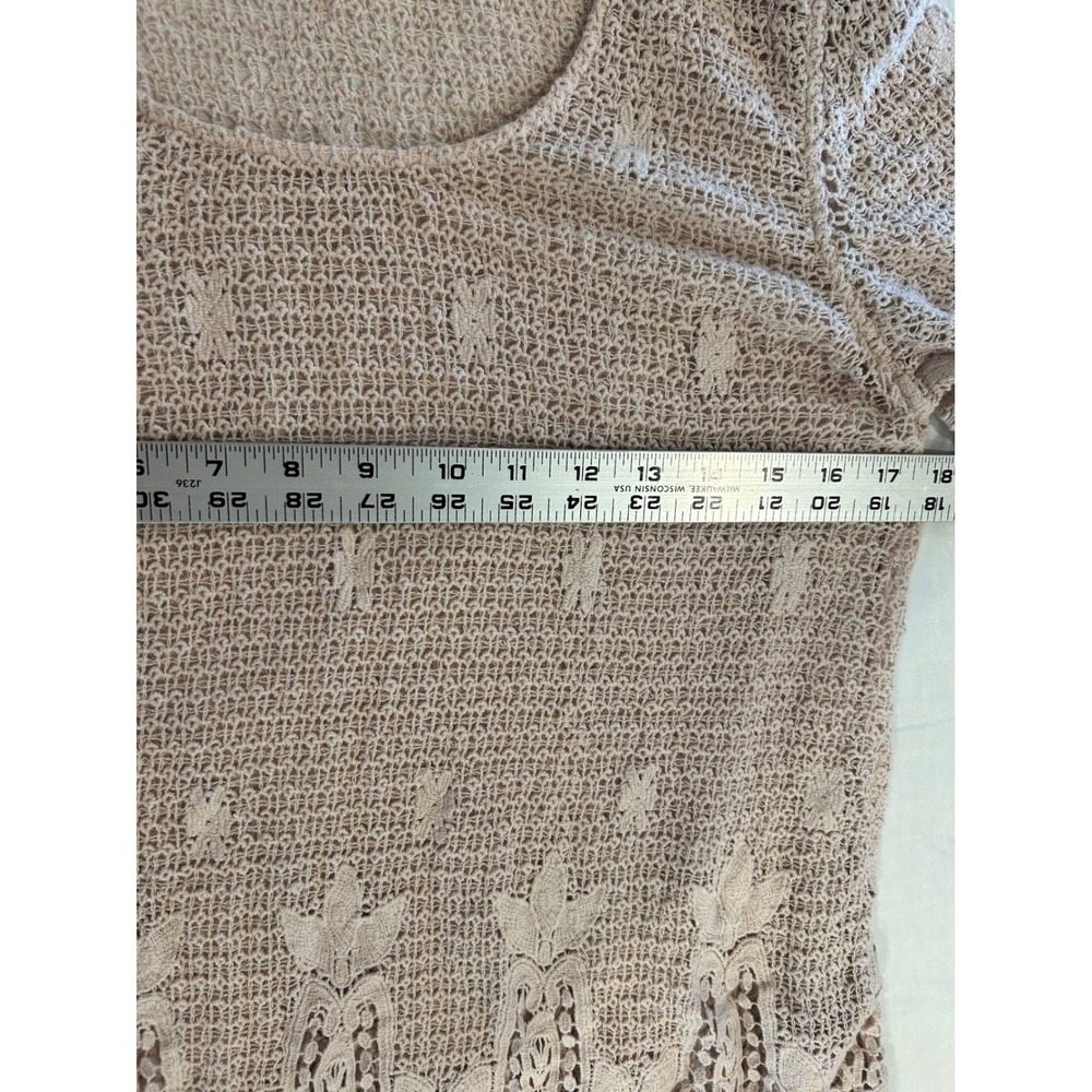 Soft Surroundings Crochet Top Womens Medium Beige Floral Lace Hem Short Sleeve - Picture 6 of 8